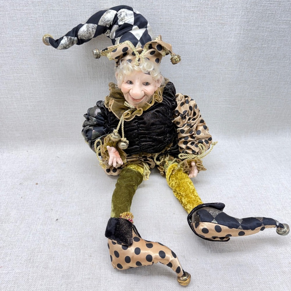 Vintage‎ Harlequin Jester Doll 22 Inch Shelf Sitter Black Gold Polka Dot Bells